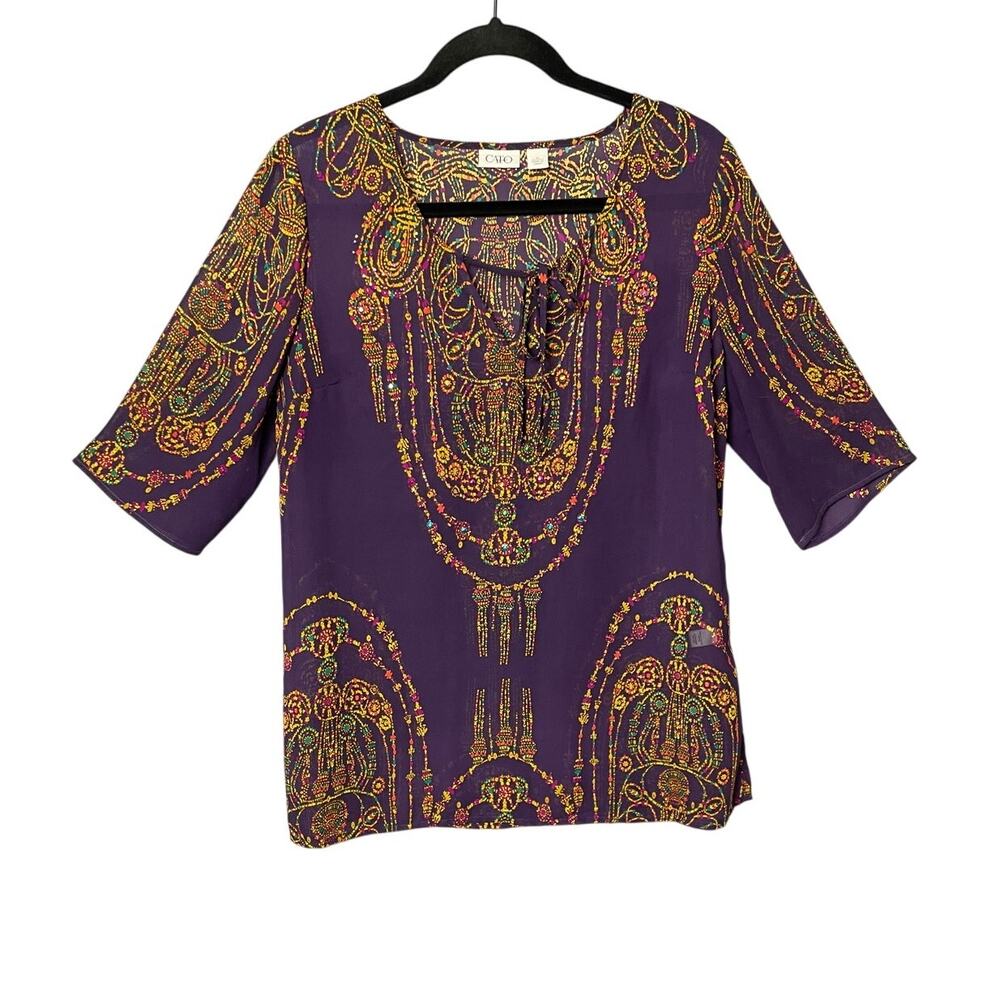 Sheer Purple Boho‎ Sparkly Embellished 3/4 Long Sleeve Shirt Size Medium